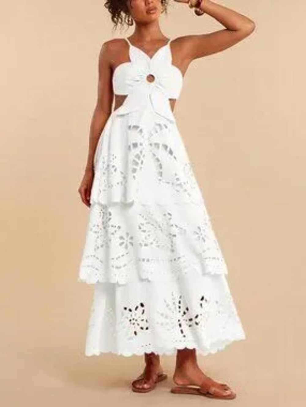 ZARA White Boho Women's Multi-Layer Ruffle Hem Spaghetti Strap Backless Dress
